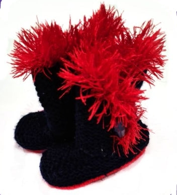 Navy Blue and Red Fluffy Knitted Boots Boys 3-6 Months