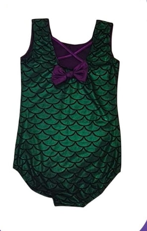 Green Swimming Costume with Purple Bow Girls 10-11 Years